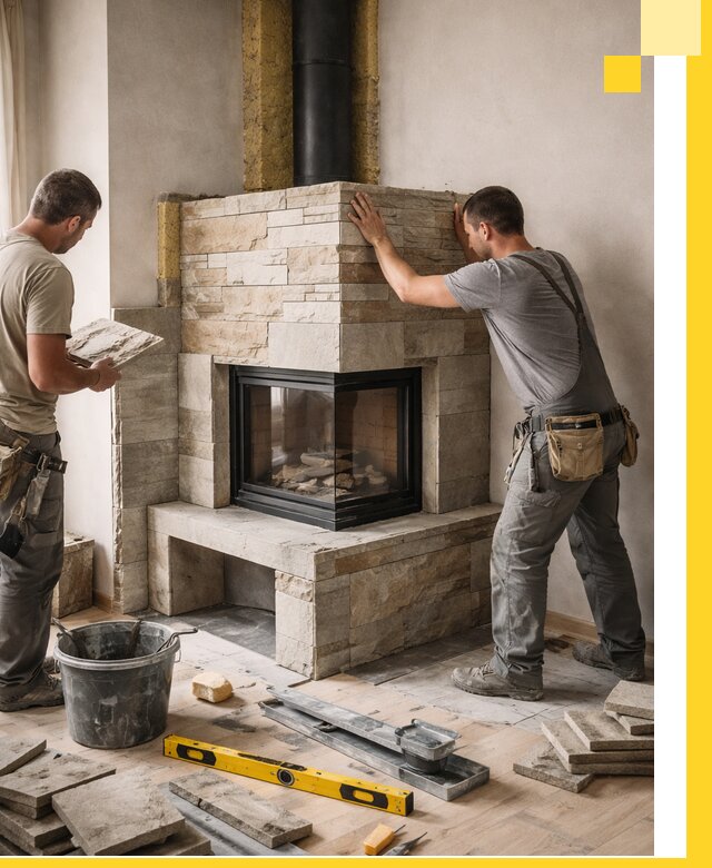 Угловые камины под ключ проект, монтаж и отделка в Холмске