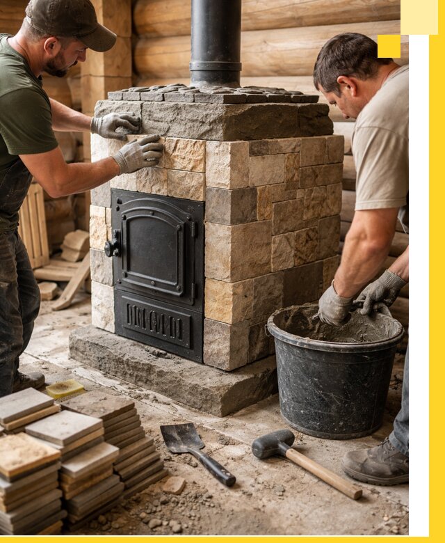 Облицовка банной печи под ключ в Холмске: камень и плитка