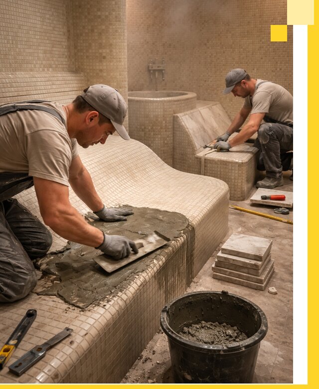 Лежаки для хамама под ключ в Холмске, проект и монтаж